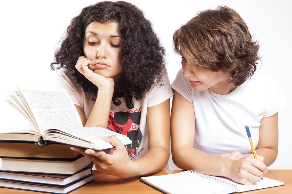 Dos estudiantes repasan con libros y apuntes