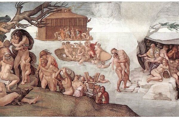 El diluvio pintado por Miguel Ángel en la Capilla Sixtina, con el arca al fondo